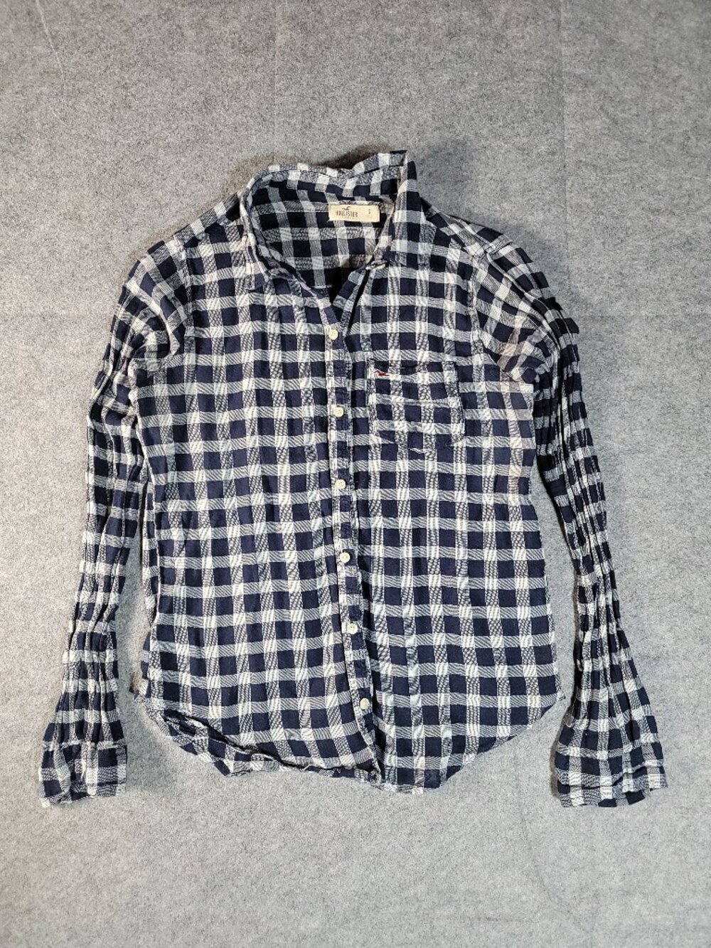 Hollister Navy & White Gingham Plaid Crinkled Puckered Sleeve Shirt Womens Small